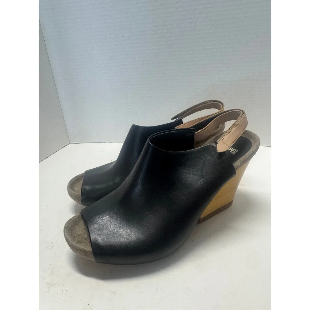 Camper Allegra Black Leather Peep Toe Slingback Wedge Sandals Size 39 8.5